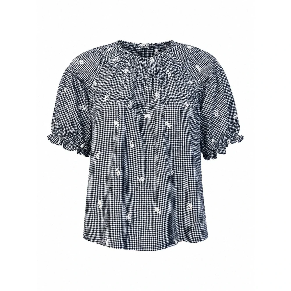 NEW Madewell Linen Blend Gingham Embroidered Floral Puff Sleeve Blouse Top S